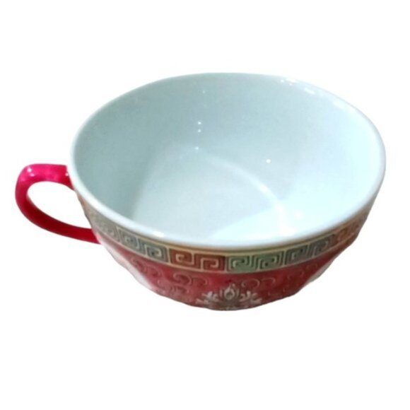 Vintage Chinese Jingdezhen Mun Shou Famille Rose Porcelain Red Tea Cup & Saucer - Picture 7 of 9